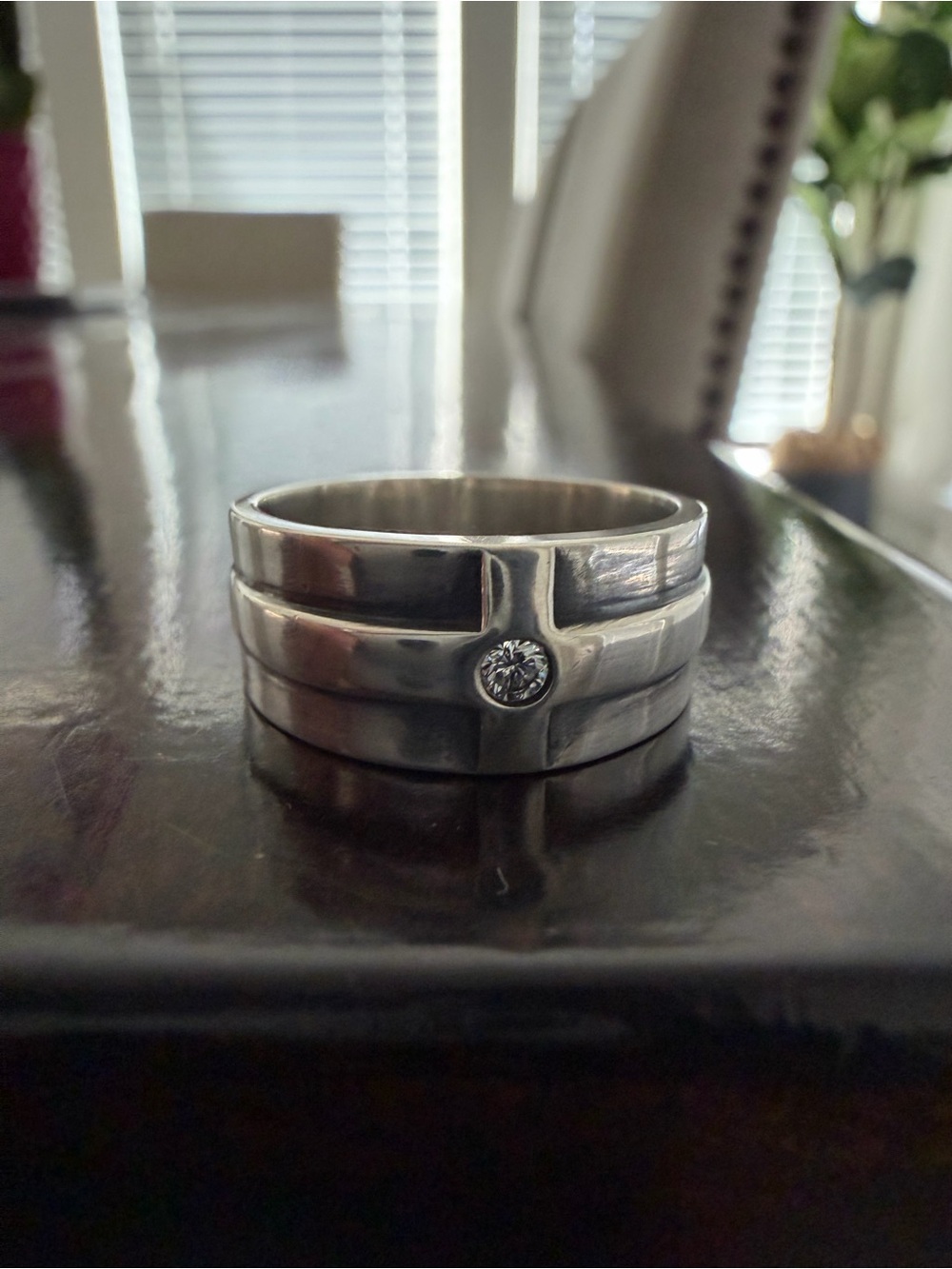 Retired James Avery Silver Men's Band Ring with Single Clear Stone